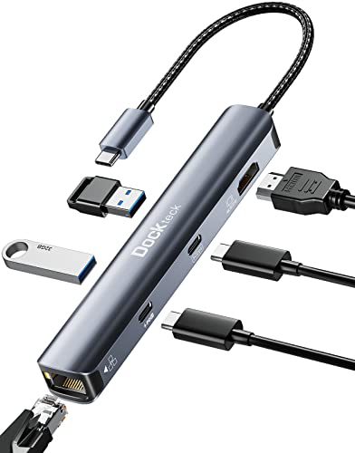 USB C Hub Ethernet HDMI, 6-in-1 USB-C to 4K 60Hz, 100W PD, USB-C Data, 1Gbps Ethernet, 2 USB 3.0, Dockteck Type C Adapter for MacBook Pro/Air, iPad Pro/Air/Mini 6, Surface Pro 7/8, XPS