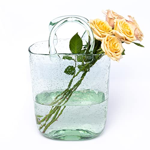 Haetingcare Hand Blown Glass Vase with Unique Design, Clear Glass Vase with Handles in Purse Shape for Decor, Good for Floral Arrangement, Centerpiece & Home Decor_Tall