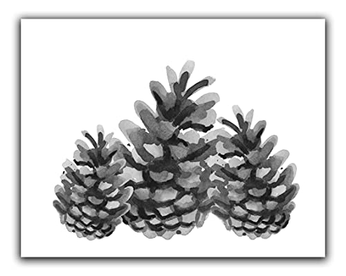 3 Pinecones No.11 Wall Art Print – 14×11 UNFRAMED Watercolor Nature, Woodland, Boho Decor in Shades of Gray, Black, White.
