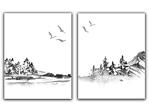 Abstract Landscape No.24 Wall Art Prints – Set of 2-11×14 UNFRAMED Watercolor Nature, Woodland, Boho Decor Prints in Shades of Gray, Black & White.