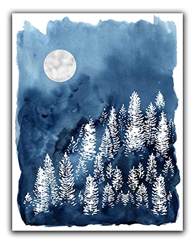 Blue Night Forest No.17 Wall Art Print -11×14 UNFRAMED Watercolor Pine Trees & Moon, Woodland, Boho Decor in Shades of Grey, Navy, Blue on White.