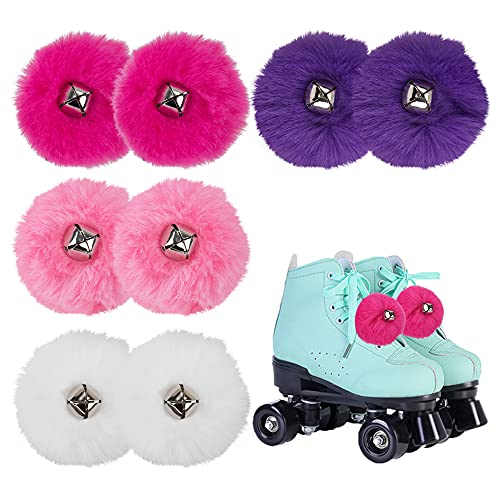 Augisteen 8 Pieces Fluffy Tie-on Roller Skate Pom Poms with Jingle Bells Mixed Color Roller Skates Fuzzy Pom Poms for Girls Women Quad Roller Skates Decoration, 4 Colors