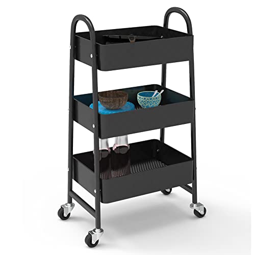 3 Tier Rolling Cart, Metal Ultility Cart with Extra Large Lockable Wheels, Makeup Storage Organizer Craft Trolley, Serving Cart Easy Assembly for Kitchen, Bathroom, Office (Black)