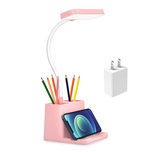 LED Desk Lamp with Adapter, Resovo Led Desk Light w/2 Pen Holder/2 Phone Stand, 3 Color Modes w/Dimmable Brightness, 360°Flexible Gooseneck Read Lamp,Eye-Protection for Students, Dorm Reading,Pink
