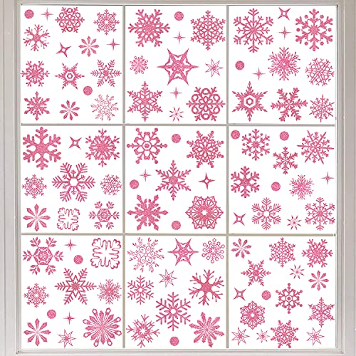 Amaonm Removable 93PCS Christmas Static Glitter Snowflake Window Decals Christmas Party Supplies Decoration Sticker Christmas Decor for Home Room Offices Supermarket Shop Window Glass Door (Pink)