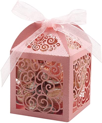 KPOSIYA 70 Pack Wedding Favor Boxes Laser Cut Boxes Party Favor Box Small Gift Boxes Lace Candy Boxes for Wedding Bridal Shower Baby Shower Birthday Party Anniverary with Ribbons (Pink, 70)