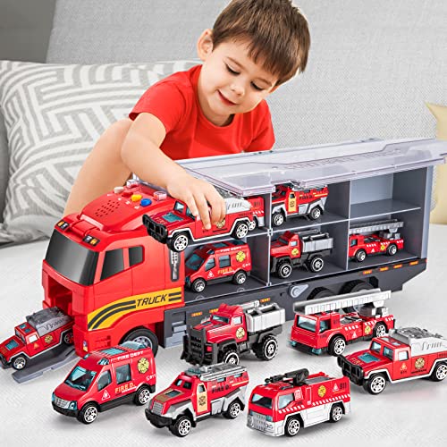 TEMI Toddler Toys for 3 4 5 6 Years Old Boys, Die-cast Emergency Fire Rescue Vehicle Transport Car Toy Set w/ Play Mat, Alloy Metal Fire Truck Toys Set for Age 3-9 Toddlers Kids Boys & Girls