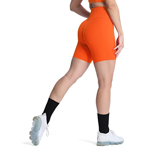 Aoxjox Women’s High Waist Biker Shorts Solid Yoga Active Gym Running Compression Exercise Workout Shorts 6″ (Orange, Medium)
