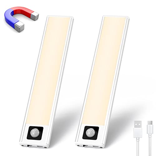 Under Cabinet Lights, Set of 2 LED Motion Sensor Closet Lights Indoor USB Rechargeable Ultra Thin Wireless Led Lights Battery Operated Under Counter Lights for Kitchen Stairway Wardrobe (Warm White)