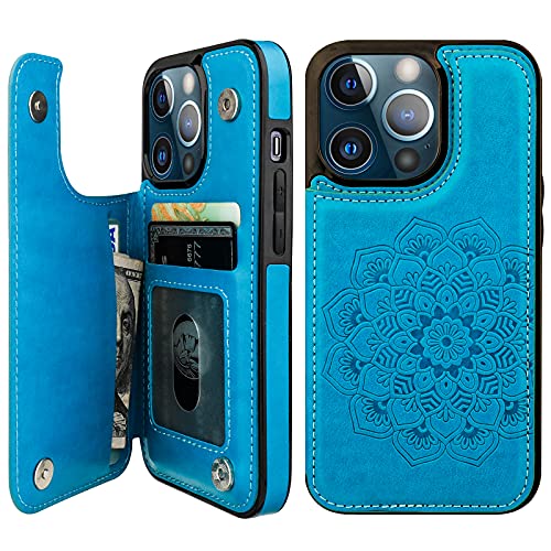 Vaburs Compatible with iPhone 13 Pro Case Wallet with Card Holder, Embossed Mandala Pattern Flower PU Leather Double Buttons Flip Shockproof Cover for Magnetic Car Mount 6.1 Inch (Blue)