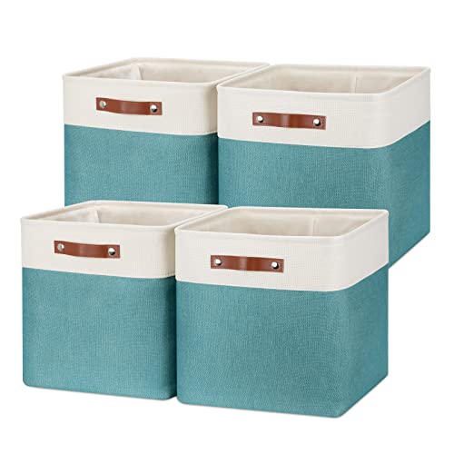 Temary Fabric Storage Cubes 13 X 13 X 13 Storage Baskets for Organizing, Large Fabric Storage Bins with Handles Cube Storage Baskets for Storage Clothes, Toys, Books (White&Teal)