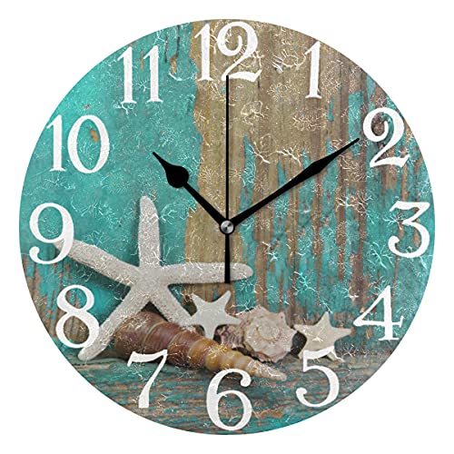 ALAZA Ocean Beach Coastal Starfish Kitchen Clock, Round Wall Clock Battery Operated Quartz Quiet 9.5 Inch Turquoise Decor for Home Kitchen Bathroom Country Farmhouse