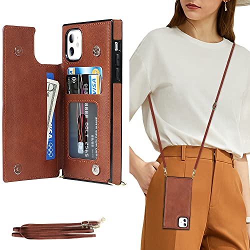 DEFBSC Compatible with iPhone 11 6.1″ Case, Crossbody Wallet Case, Adjustable Detachable Lanyard Neck Strap with Kickstand Leather Card Holder Protective Cover-Brown