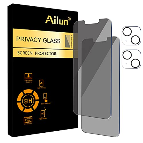 Ailun 2Pack Privacy Screen Protector for iPhone 13[6.1 inch] + 2 Pack Camera Lens Protector, Anti Spy Private Tempered Glass Film,[9H Hardness] – HD [Black]