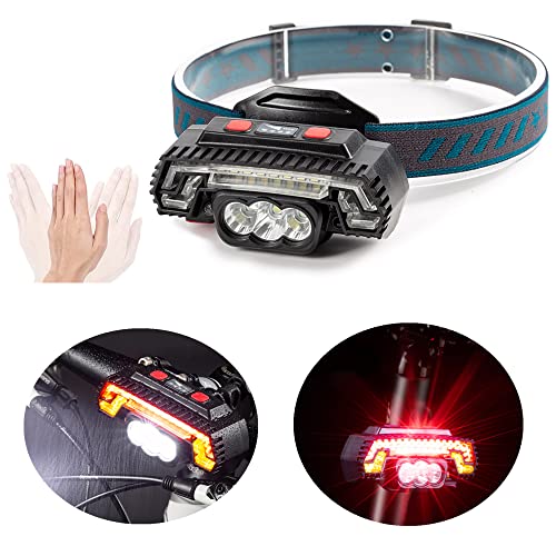 Headlamp Bike Light Rechargeable, Multifunctional 3 in 1 Bike Headlight and Tail Lamp with Holder, Motion Sensor Headlamp Emergency Light with Strong Magnetic Adsorption Waterproof for Outdoor Riding