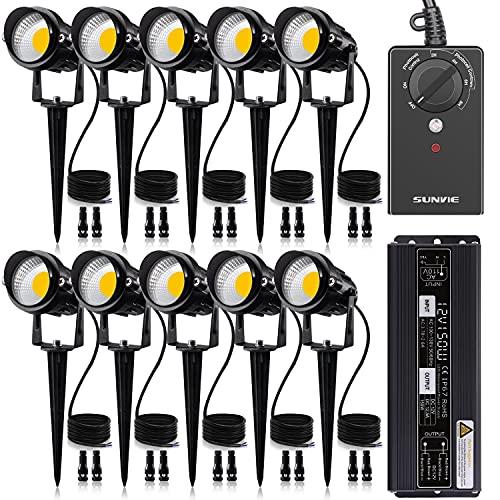SUNVIE Low Voltage Landscape Lights Kit with Transformer and Timer 12W 12-24V Outdoor LED 3000K Waterproof Landscape Lighting with Wire Connector for Garden Pathway Wall Tree ETL Listed Cord, 10 Pack