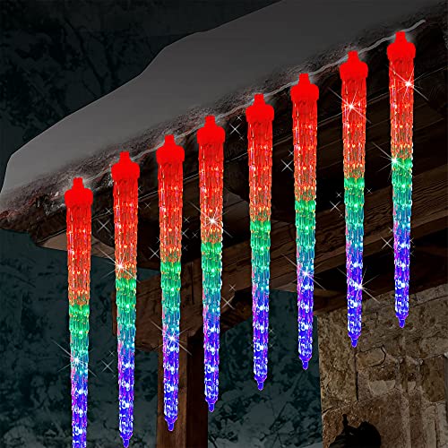 WATERGLIDE Meteor Shower Lights, 12″ Outdoor Icicle Christmas Lights 8 Icicles 192 SMD LED Crystal Ice Falling Lights, Connectable Raindrop Lights, Xmas Winter Party Tree Holiday Decor, Multicolor