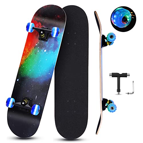 Skateboards, 31 INCH Skateboard for Beginners Kids Boys Girls Adults Teens with LED Light Up Wheels, 9 Layer Maple Wood Double Kick Concave Standard Complete Skateboard Deck
