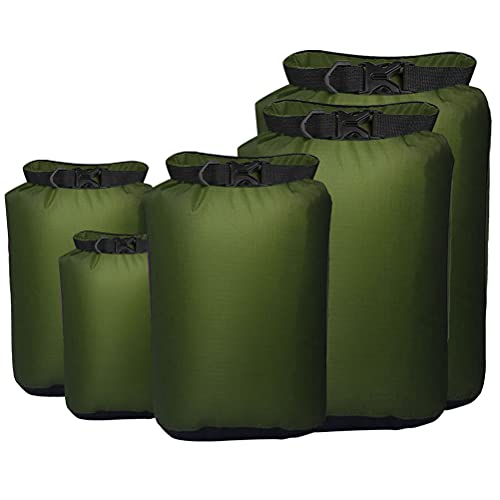 Pimoys 5 Pack Waterproof Dry Sacks, Lightweight Outdoor Dry Bags 20L /12L / 10L/ 6L/ 3.5L Ultimate Dry Bags for Kayaking Camping Rafting Boating (Army Green)