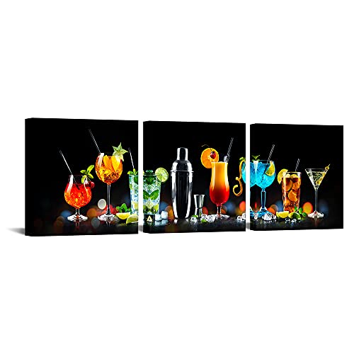 VANSEEING 3 Panels Wine Glass Canvas Wall Art Colorful Cocktail Paintings Wine Cups Picture Wall Decor Modern Giclee Artwork Stretched and Framed for Kitchen Bar Pub Decoration 12x12inchx3pcs
