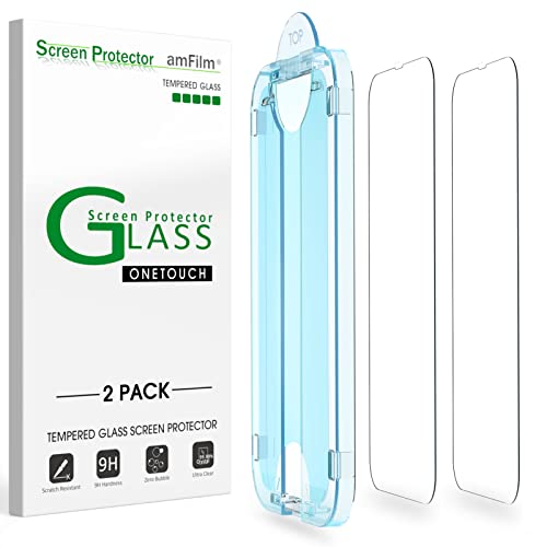 amFilm OneTouch Compatible with iPhone 14/iPhone 13/iPhone 13 Pro 6.1″ Screen Protector Tempered Glass with Easy Installation Kit, Full Coverage Case Friendly (2 Pack)