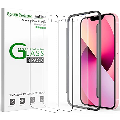 amFilm (3 Pack) Glass Screen Protector Compatible with iPhone 13 Mini (5.4″ Display, 2021), Tempered Glass with Easy Installation Tray – Case Friendly