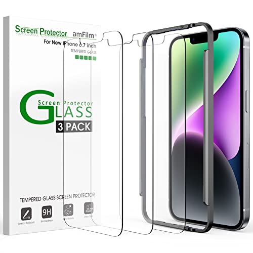 amFilm (3 Pack) Glass Screen Protector Compatible with iPhone 14 Plus (6.7″ 2022) and iPhone 13 Pro Max (6.7″ 2021), Tempered Glass with Easy Installation Tray – Case Friendly