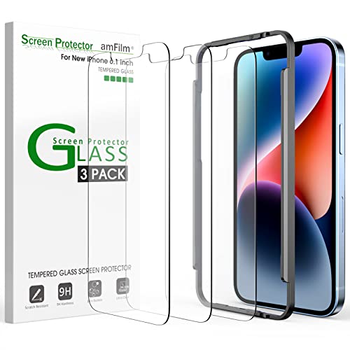 amFilm (3 Pack) Glass Screen Protector Compatible with iPhone 14 (6.1″ 2022) and iPhone 13/13 Pro (6.1″ 2021), Tempered Glass with Easy Installation Tray – Case Friendly