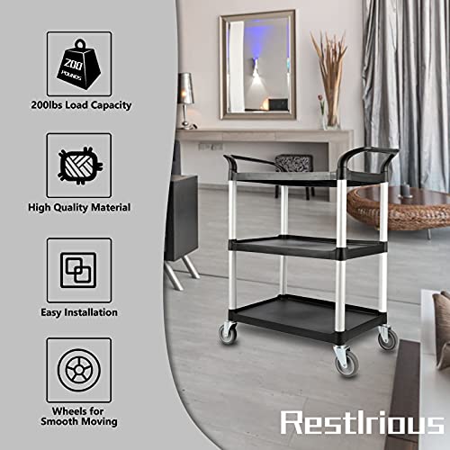 Restlrious Plastic Utility Cart with Wheels Heavy Duty Commercial Food Service Push Rolling Cart, 3-Tier Mobile Tool Bus Cart for Restaurant/Kitchen/Workplace/Office/Home 200 Lbs Maximum Capacity | The Storepaperoomates Retail Market - Fast Affordable Shopping