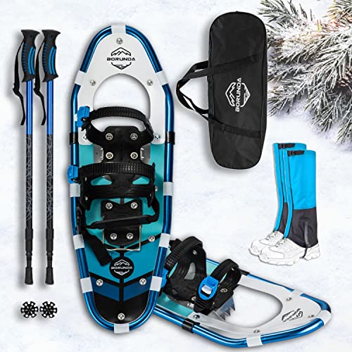 4-in-1 Lightweight Terrain Snowshoes Set for Men Women Youth Kids, Snow Shoes+Waterproof Leg Gaiters +Anti-Shock Adjustable Trekking Poles +Free Carrying Bag Snowshoeing Easy to wear(30”, Blue)