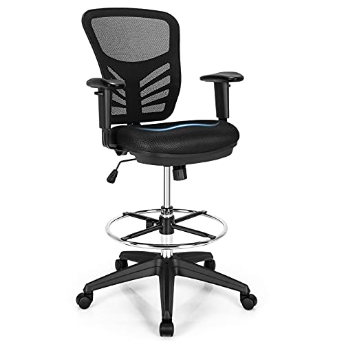Giantex Mesh Drafting Chair, Standing Desk Chair, Tall Office Chair with Foot Ring, Lumbar Support, Height Adjustable Swivel Rolling Chair Mid Back Task Chair Ergonomic Drafting Stool (1, Black)