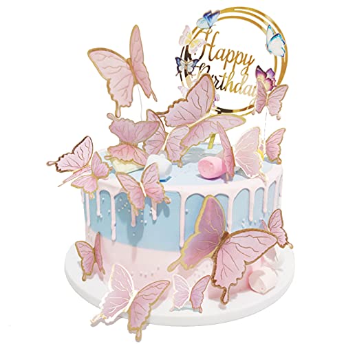 Butterfly Cake Toppers Decorations – 1 Big Happy Birthday Cake Topper & 15Pcs 3D Pink Gold Butterfly Cupcake Toppers – Butterfly Party Supplies for Decorating Baby Shower Girl’s Birthday