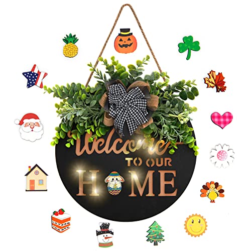Interchangeable Welcome Sign Front Door Decor,WinGaYe Spring Summer Wood Wreath with 15 pcs Holiday Icons,All Seasons Welcome Wreath Porch Hanging Decoration with Lights for Home Farmhouse