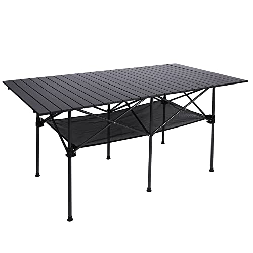 Stonehomy Aluminum Camping Table Roll Top with Mesh Storage 5 FT, Folding Lightweight Roll Up Table for Outdoor Camping Grill, Black, 60×31.5 Inch
