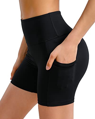 Tazaqnoo Women’s 5″ High Waist Biker Shorts with Side Pockets Tummy Control Compression Spandex Yoga Running Workout Gym Shorts bk m Black