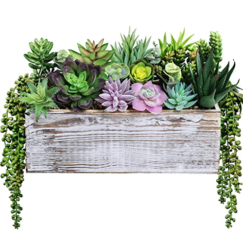 19 Pcs Assorted Artificial Succulents Fake Plants in Rectangular Wooden Pot Succulents Garden in Wood Planter Box Potted Succulents Plants Arrangement for Table Centerpiece Windowsill Greenery Decor