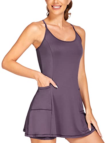 Tremaker Women’s Exercise Workout Dress with Shorts Sleeveless Athletic Dress Golf Sportwear Tennis Dress with Pockets Purple