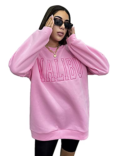 Romwe Women’s Crewneck Long Sleeve Letter Embroidery Oversized Pullover Sweatshirt Pink M