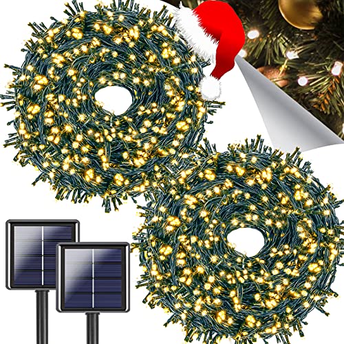 OZS- 2PK Total 144FT 400LED Warm White Solar Christmas String Lights Outdoor, Waterproof 8 Modes Green Wire Christmas Tree Lights for Garden Christmas Decorations (Warm White)