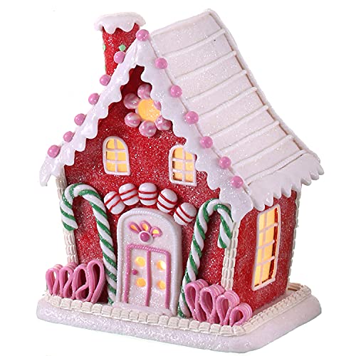 One Holiday Way 9.5-Inch LED Light Up Red Faux Gingerbread House Tabletop Decoration w/ Timer, Candy Glitter, Frosting Accents – Lighted Decorative Christmas Party Winter Home Decor