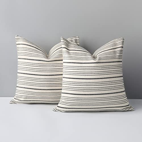 Throw Pillow Covers 18 x 18 Inch Farmhouse Pillow Covers,Cotton Square Home Decorative Pillow Case, Set of 2 Stripes Textured Linen Throw Pillow Case for Sofa Couch Chair Bedroom