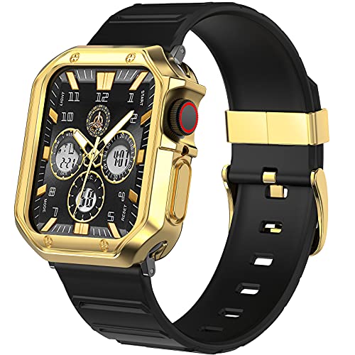 Swhatty Band Case Compatible with Apple Watch 45m 44mm 42mm, Designer Men Women Shockproof Rugged Military Black Strap with Gold Protector Cover, Tactical Wristband Bumper for iWatch SE Series 7 6 5 4 3 2 1