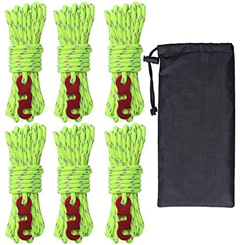 Camping Rope with S Tensioner – Lightweight 6 Pack 4mm Tent Guy Lines with Aluminum Adjuster Outdoor Tarp Tie Downs Cords for Canopy Shelter, Hiking,Backpacking (Fluorescent Green)