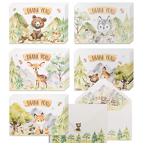 50 Woodland Thank You Cards, Bulk Forest & Mountain Animals Thank You Notes w/ Matching Lined Envelopes & Stickers, 4 x 6 in. Assorted Cute Woods Creatures Notecards for Baby Shower and Kids Birthday