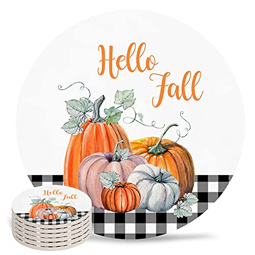 Thankgiving Ceramic Coasters Set of 6, Fall Pumpkins Absorbent Coasters For Drinks with Non-slip Cork Back and No Holder for Cups, Buffalo Plaid Black White