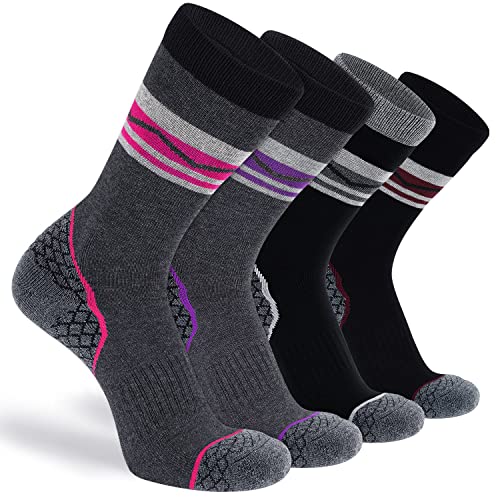 CS CELERSPORT 4 Pack Women’s Merino Wool Crew Hiking Socks with Cushion Warm Thermal Winter Boot Athletic Socks Gifts for Women, Mixed Color, Small