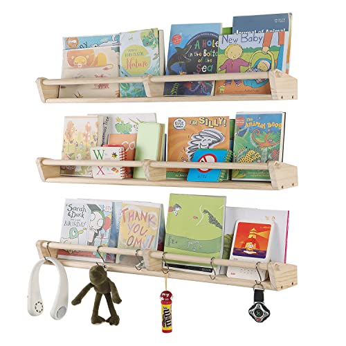 Nursery Bookshelves, 33inch ,Set of 3,Floating Nursery Shelves with 6 S Hooks, Wooden Floating Shelves for Baby Nursery Room Decor, Kitchen Spice Rack, Bathroom Pine