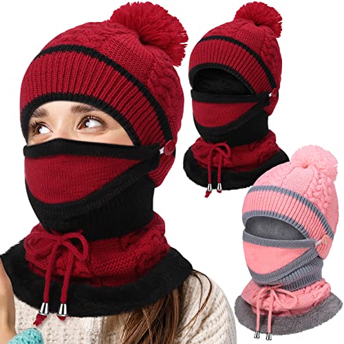 Women Winter Accessories Sets 2 Pieces Women Winter Knitted Hat, Scarf Hat and Mask Set for Women (Pink, Wine Red)