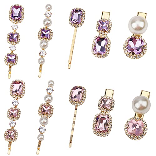 10 Pieces Vintage Rhinestones Decorative Hair Pins Bling Handmade Crystal Hair Clips Hair Barrettes Pearl Bobby Pins Metal Gold Tone Hair Slides Clips Headwear Accessories for Women(Pink and Purple)