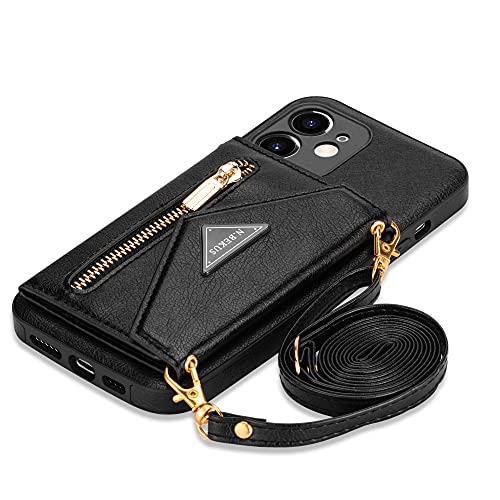 SZHAIYU Wallet Crossbody for iPhone 12 Phone Case with Lanyard Strap Credit Card Holder, PU Leather Protective Handbag Zipper Purse Kickstand Cover Women Girl (Black)